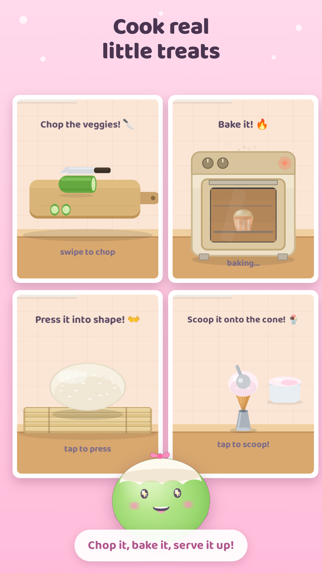 Cooking mini-games; chop the veggies, bake it, press it into shape and scoop it onto the cone