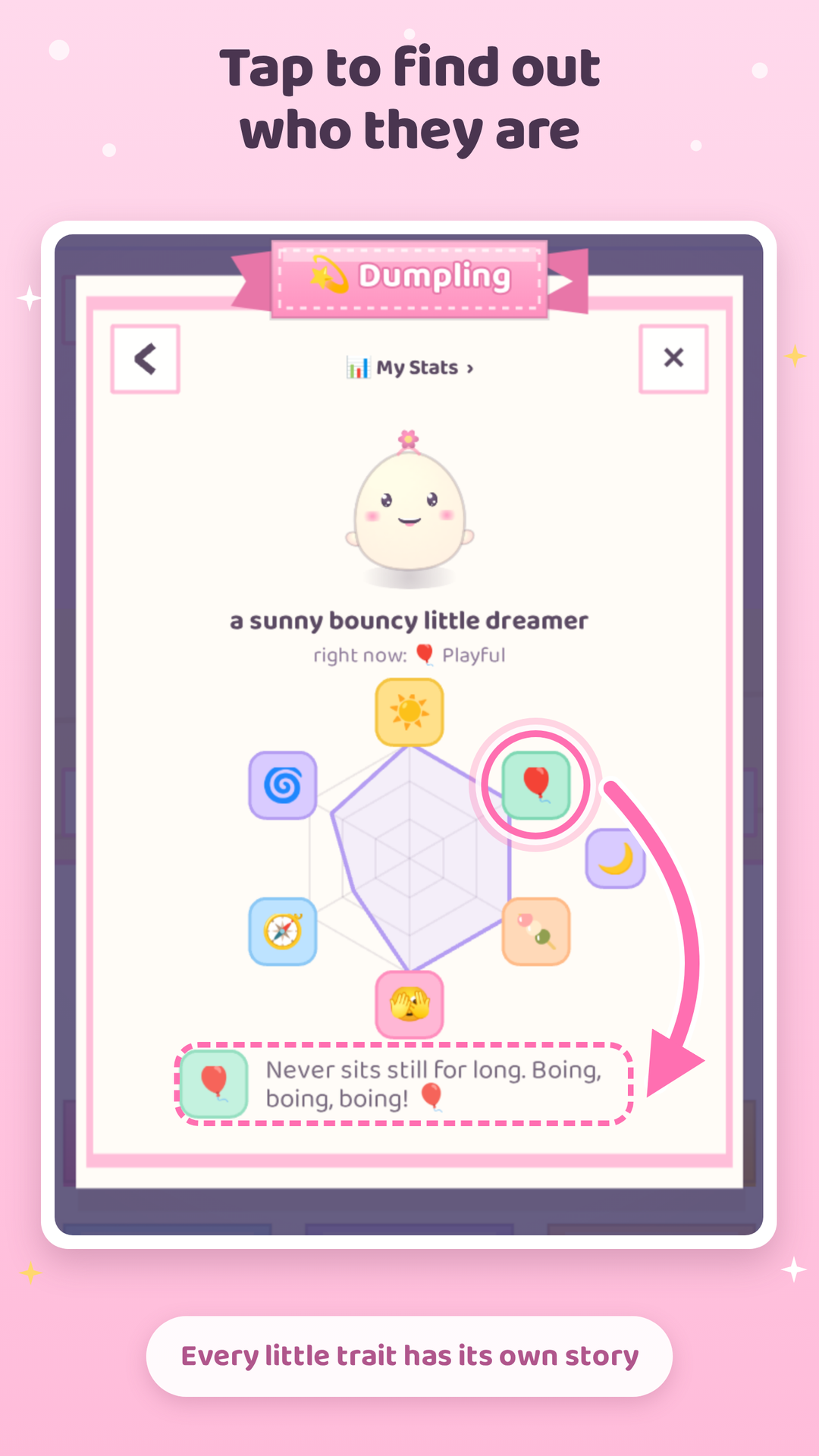 Stats screen; a personality web showing your dumpling's traits and mood